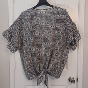 Max Studio Bohemian Tie Front Navy Floral  Blouse Sz 3X //